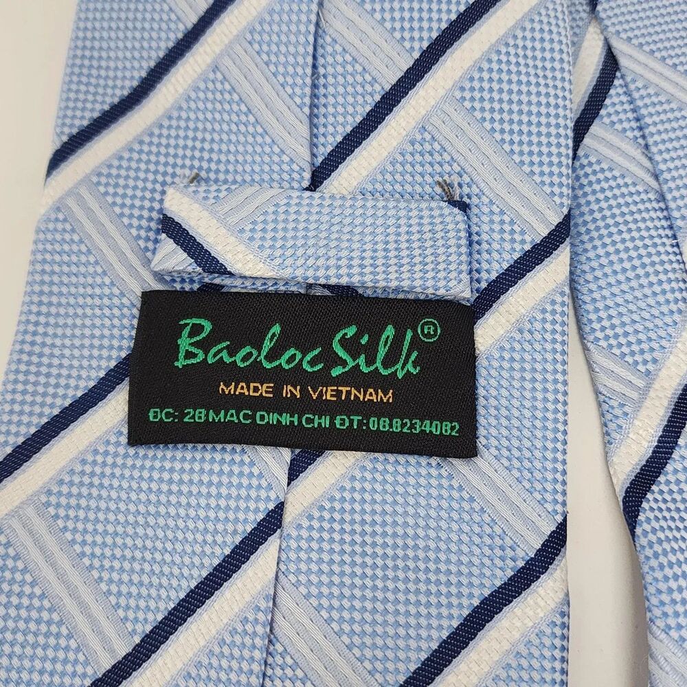 Baoloc Silk Tie Mens One Size Light Blue Navy Stripe 100% Silk Handmade Necktie - Picture 7 of 9